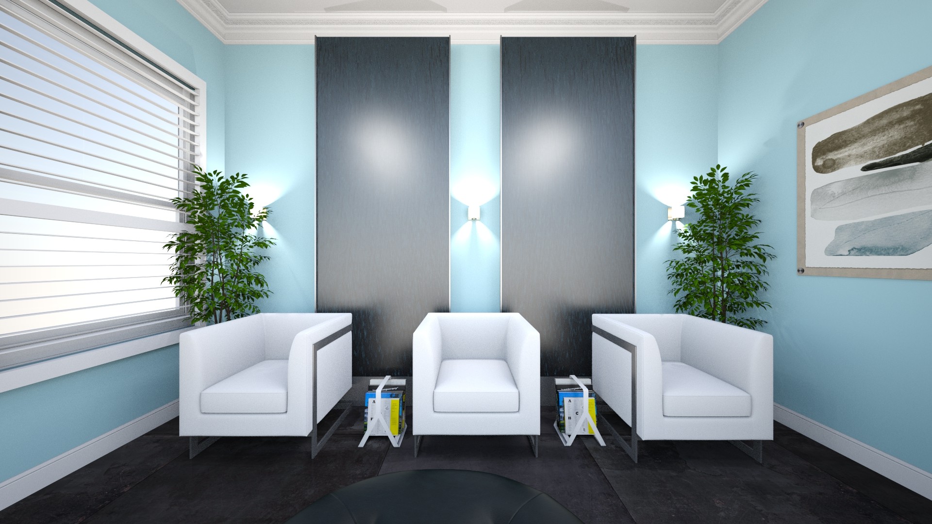 Studio office with cork board wall and track lights